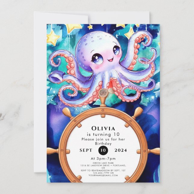 Invitación Acuarela encantada Octopus Cumpleaños (Anverso)