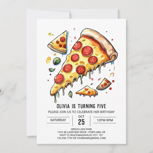 Invitación Acuarela encantada Pizza Cumpleaños (Anverso)