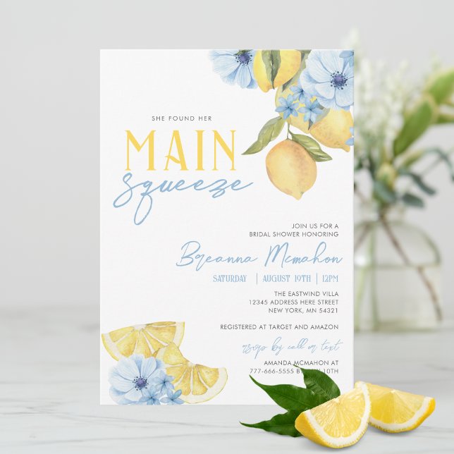Invitación Acuarela Encontró Su Principal Brigada De Limón De (Trendy Watercolor She Found Her Main Squeeze Lemon Bridal Invitations with Adorable Blue Flowers)