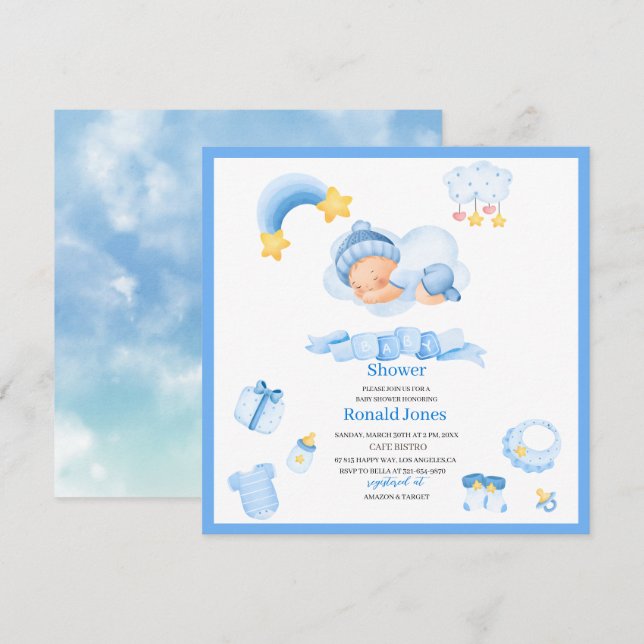 Invitación Acuarela es azul niño Boho Nursery Baby Showe (Anverso / Reverso)