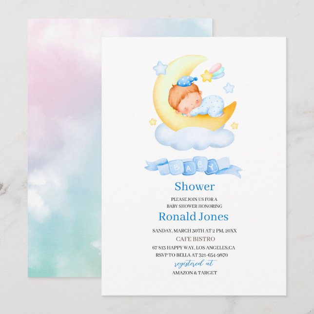 Invitación Acuarela es niño Blue Boho Nursery Baby Showe (Anverso / Reverso)