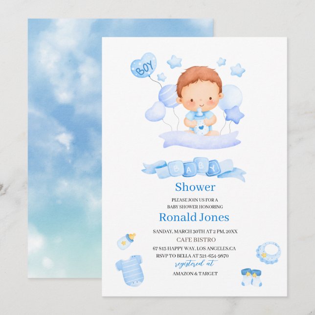 Invitación Acuarela es niño Blue Boho Nursery Baby Showe (Anverso / Reverso)