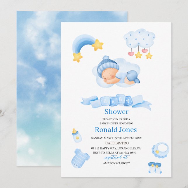 Invitación Acuarela es niño Blue Boho Nursery Baby Showe (Anverso / Reverso)
