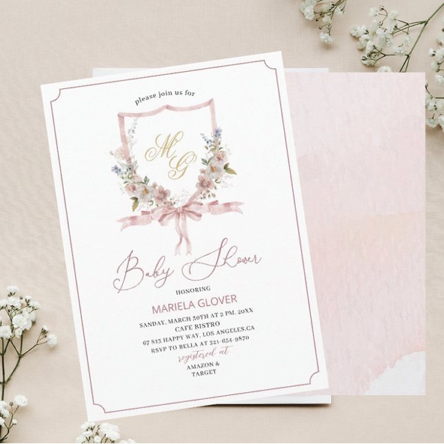 Invitación Acuarela escudos de flores rosadas doradas bebé Sh (Subido por el creador)