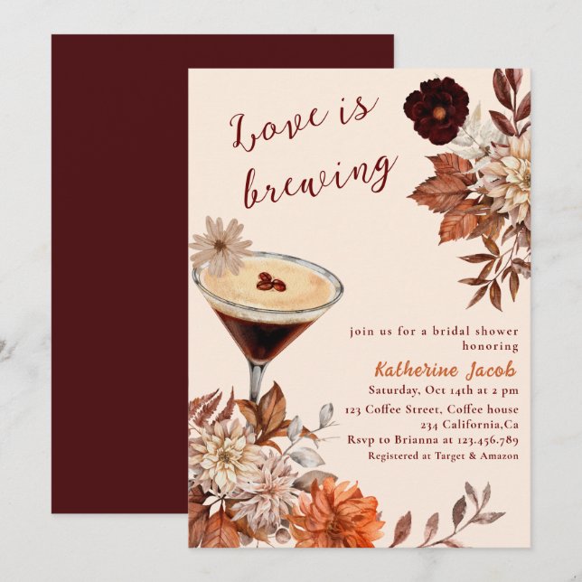 Invitación Acuarela Espresso Martini otoño ducha de novia (Anverso / Reverso)