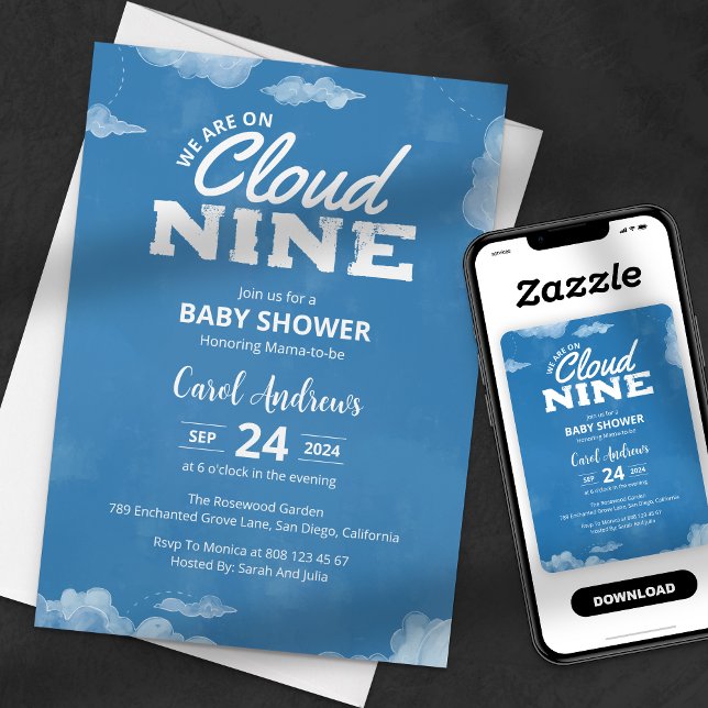 Invitación Acuarela Estamos En Nueve Baby Shower Azul Nueve (Subido por el creador)