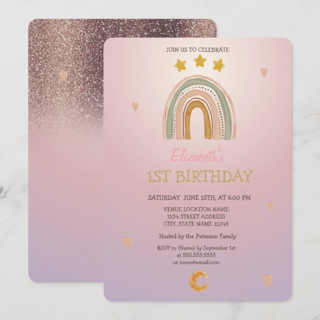 Invitación Acuarela Estrellas Arcoiris oyen cumpleaños Purpur (Anverso / Reverso)