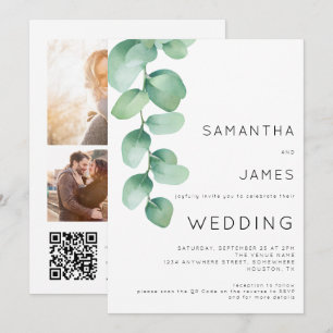 Invitación Acuarela Eucalipto 3 Fotos Código QR Boda