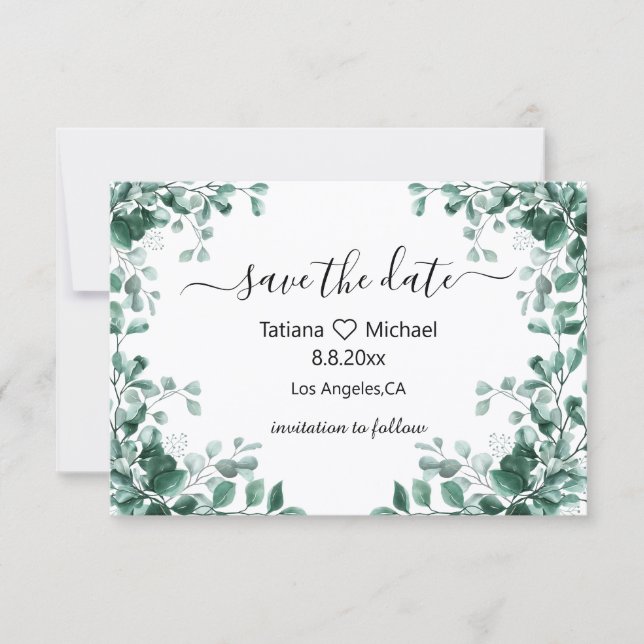 Invitación acuarela eucalipto boda guardar la fecha (Anverso)