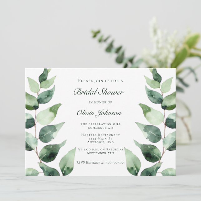 Invitación Acuarela Eucalipto Bridal Shower | Blanco (Anverso de pie)