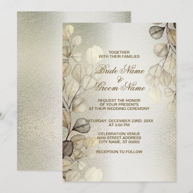 Invitación Acuarela Eucalipto Dorado Boda elegante brillante (Anverso / Reverso)