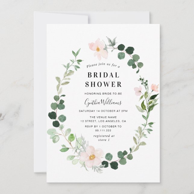 Invitación acuarela eucalipto ducha floral de novia (Anverso)