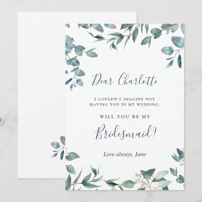 Invitación Acuarela Eucalipto ¿Serás Mi Dama de Honor? (Anverso / Reverso)