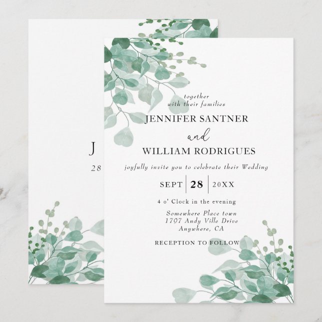 Invitación Acuarela Eucalipto Verde Boda foliario floral (Anverso / Reverso)