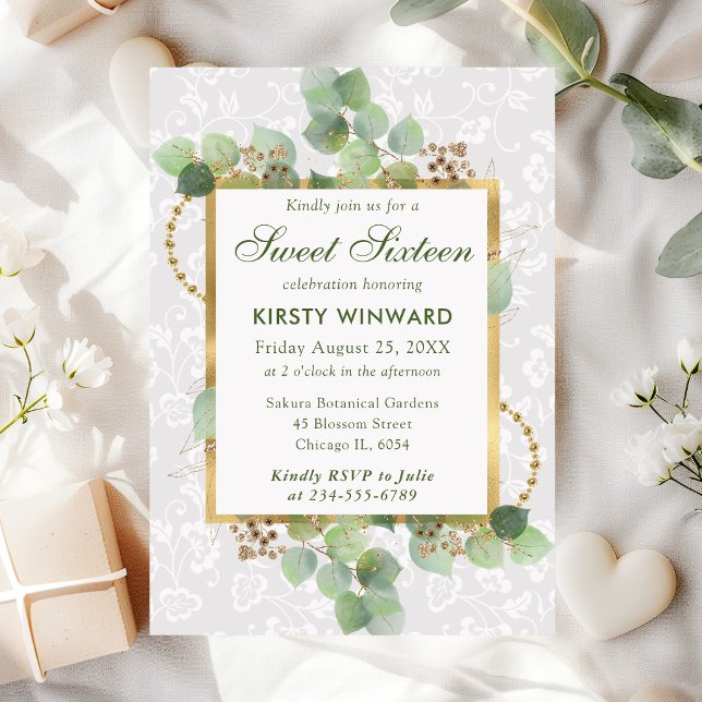Invitación Acuarela Eucalipto y Verdor Dulces Dieciséis (Subido por el creador)