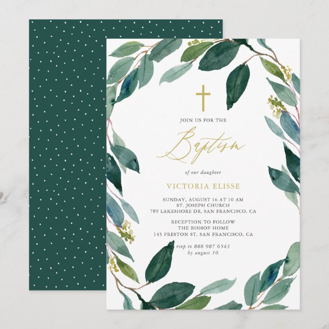 Invitación Acuarela Eucalyptus Baptismo Wreath (Anverso / Reverso)