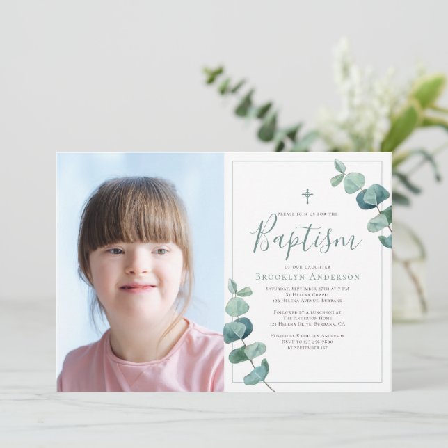 Invitación Acuarela Eucalyptus Cross Photo Baptism (Anverso de pie)