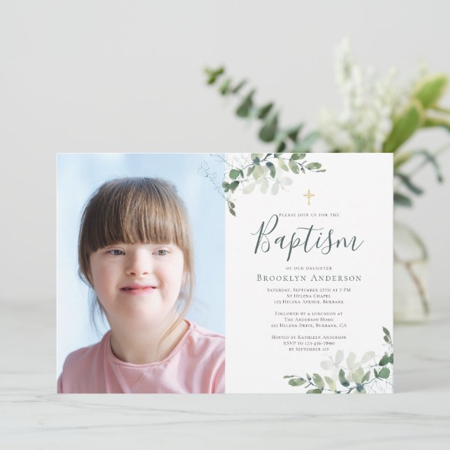 Invitación Acuarela Eucalyptus Cross Photo Baptism (Anverso de pie)