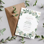 Invitación Acuarela Eucalyptus deja ducha Wreath Brial<br><div class="desc">Una bonita mezcla de elegante, rústico y moderno. Este diseño presenta un tema atemporal de exuberante vegetación acuática y un falso purpurina de oro con caligrafía de guion y capitales de suero. Alrededor del borde de la invitación hay una corona de eucalipto, una "ducha de novia" aparece en la parte...</div>