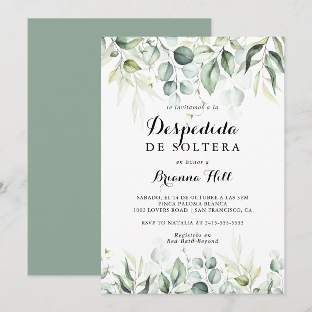 Invitación Acuarela Eucalyptus Ducha Verde Española de Novias (Anverso / Reverso)