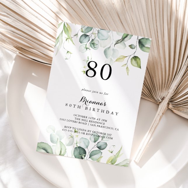 Invitación Acuarela Eucalyptus Fiesta Verde de Cumpleaños 80 (Subido por el creador)