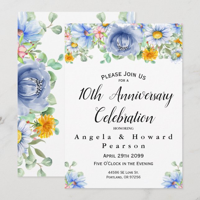 Invitación Acuarela Eucalyptus Floral 10 Aniversario (Anverso / Reverso)