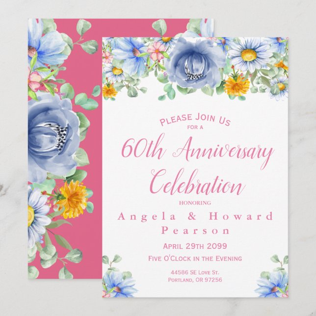 Invitación Acuarela Eucalyptus Floral 60 Aniversario (Anverso / Reverso)