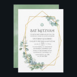 Invitación Acuarela Eucalyptus Geométrico Bat Mitzvah Invita<br><div class="desc">Invitación de mitzvah de murciélago de eucalipto forestal con personalizable de marco geométrico dorado a los detalles del evento.</div>