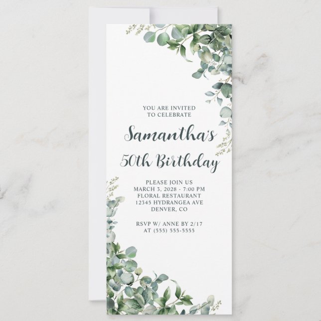 Invitación Acuarela Eucalyptus Greenery 50 cumpleaños (Anverso)