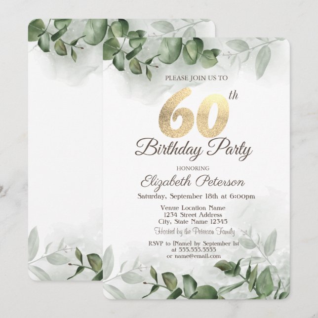 Invitación Acuarela Eucalyptus Greenery 60 cumpleaños (Anverso / Reverso)