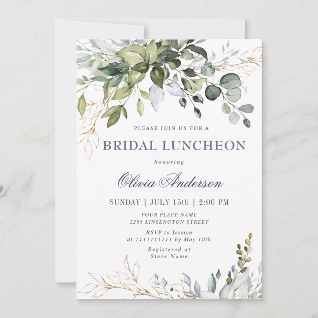 Invitación Acuarela Eucalyptus Greenery BRIDAL LUNCHEON (Anverso)