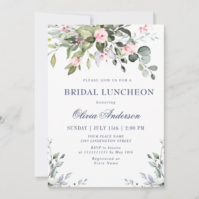 Invitación Acuarela Eucalyptus Greenery BRIDAL LUNCHEON (Anverso)
