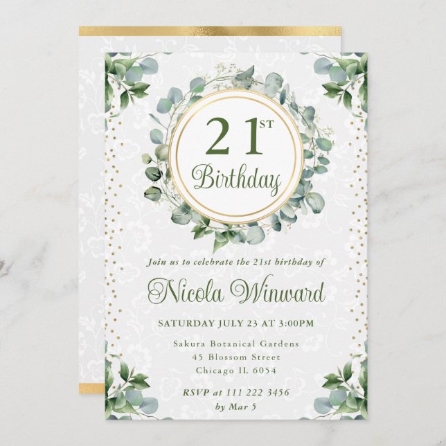 Invitación Acuarela Eucalyptus Greenery Cumpleaños (Anverso / Reverso)