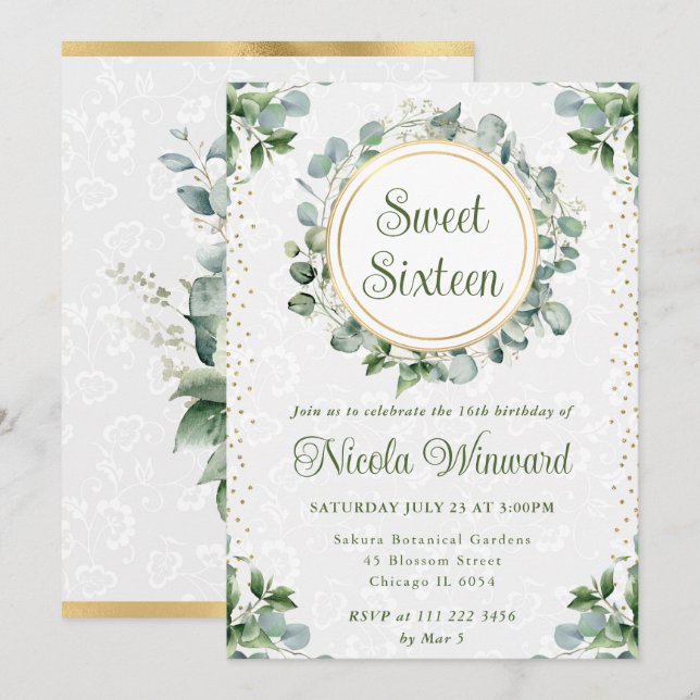Invitación Acuarela Eucalyptus Greenery Sweet 16 (Anverso / Reverso)