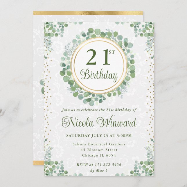 Invitación Acuarela Eucalyptus Greenery Wreath Cumpleaños (Anverso / Reverso)
