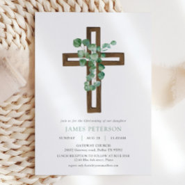 Invitación Acuarela Eucalyptus Moderna Cruz Christening