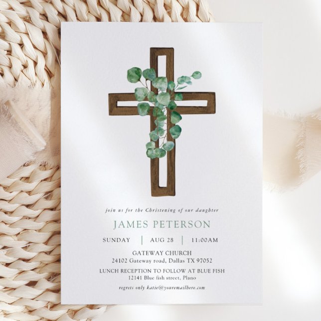 Invitación Acuarela Eucalyptus Moderna Cruz Christening (Subido por el creador)
