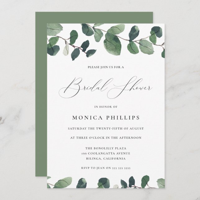 Invitación Acuarela Eucalyptus Moderna Ducha Bridal (Anverso / Reverso)