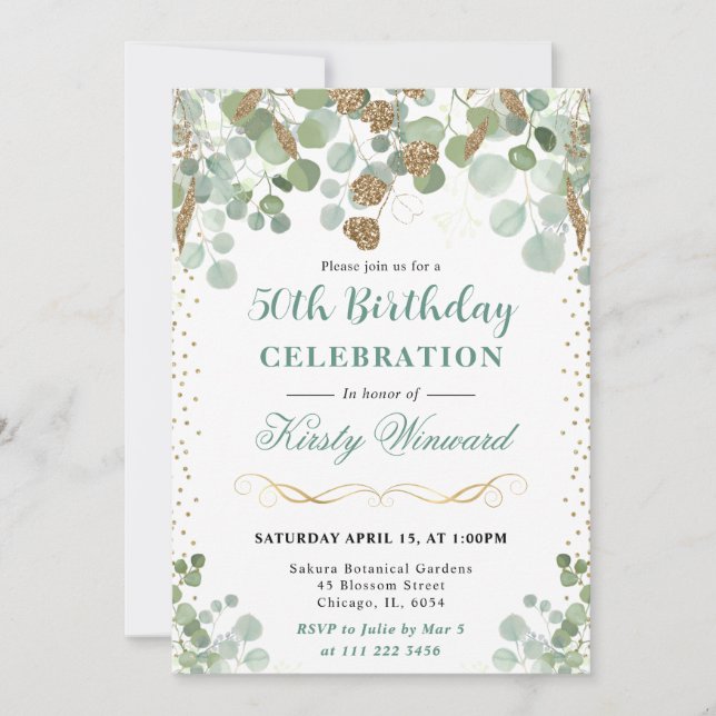 Invitación Acuarela Eucalyptus Purpurina de oro Cumpleaños (Anverso)
