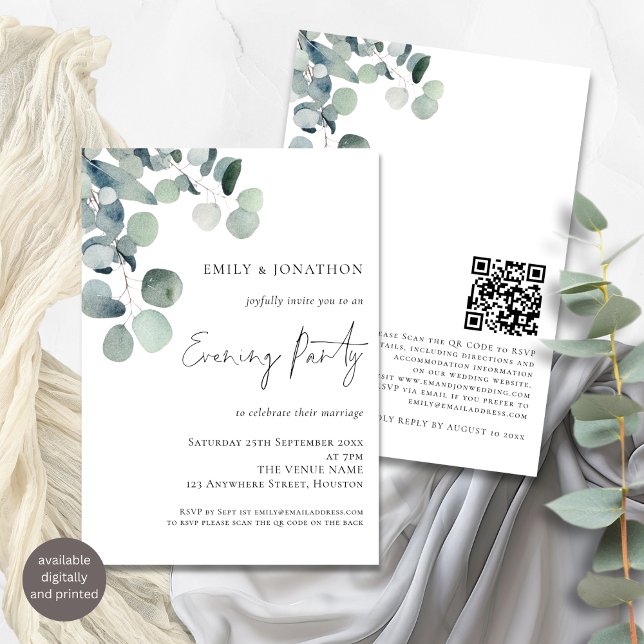 Invitación Acuarela Eucalyptus QR Código Boda por la noche (Front and back view)