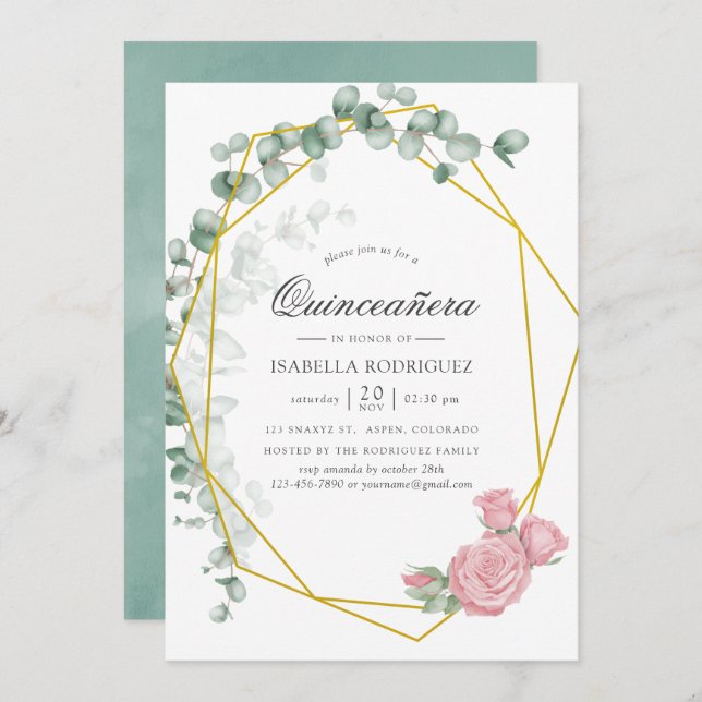 Invitación Acuarela Eucalyptus Rosa Quinceañera geométrica (Anverso / Reverso)