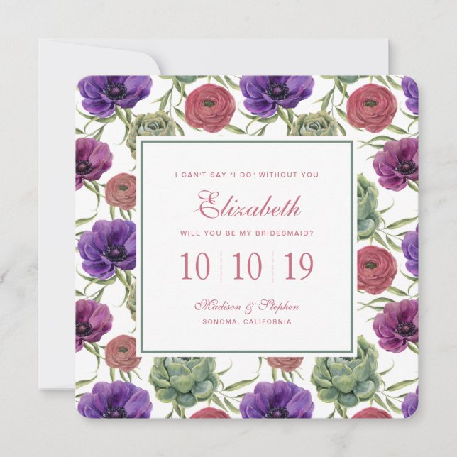 Invitación Acuarela | Eucalyptus y Anemone - Bridesmaid (Anverso)