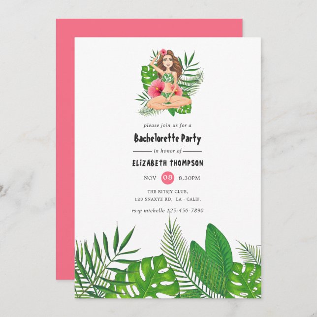 Invitación Acuarela Exótica Aloha Luau Bachelorette Weekend (Anverso / Reverso)