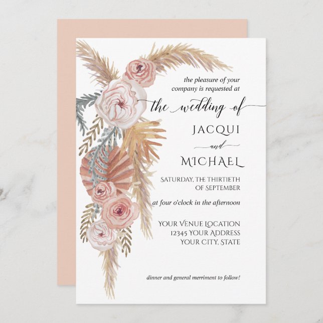 Invitación Acuarela Faded Floral BOHO Pampas Grasa Foliage (Anverso / Reverso)