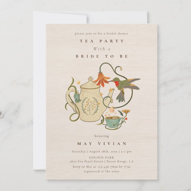 Invitación Acuarela Faecore floral Tea Fiesta Bridal Ducha (Anverso)