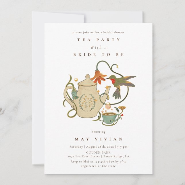 Invitación Acuarela Faecore floral Tea Fiesta Bridal Ducha (Anverso)