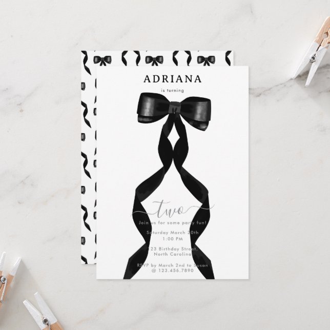 Invitación Acuarela Fancy Black Bow Formal Cumpleaños (Anverso/Reverso In Situ)