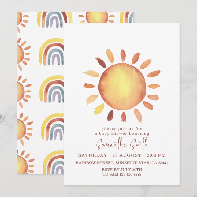 Invitación Acuarela Feliz Baby Shower Amarillo Sunshine (Anverso / Reverso)