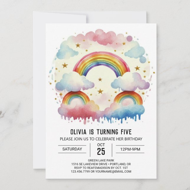 Invitación Acuarela Feliz Cumpleaños Chica de Nubes (Anverso)
