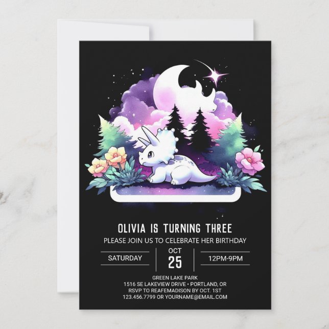 Invitación Acuarela Feliz cumpleaños de Triceratops (Anverso)